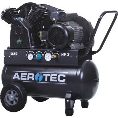 A black air compressor by 'Aerotec', fitted with pressure gauges and a handle, equipped with wheels for easy mobility.