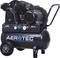 A black air compressor by 'Aerotec', fitted with pressure gauges and a handle, equipped with wheels for easy mobility.