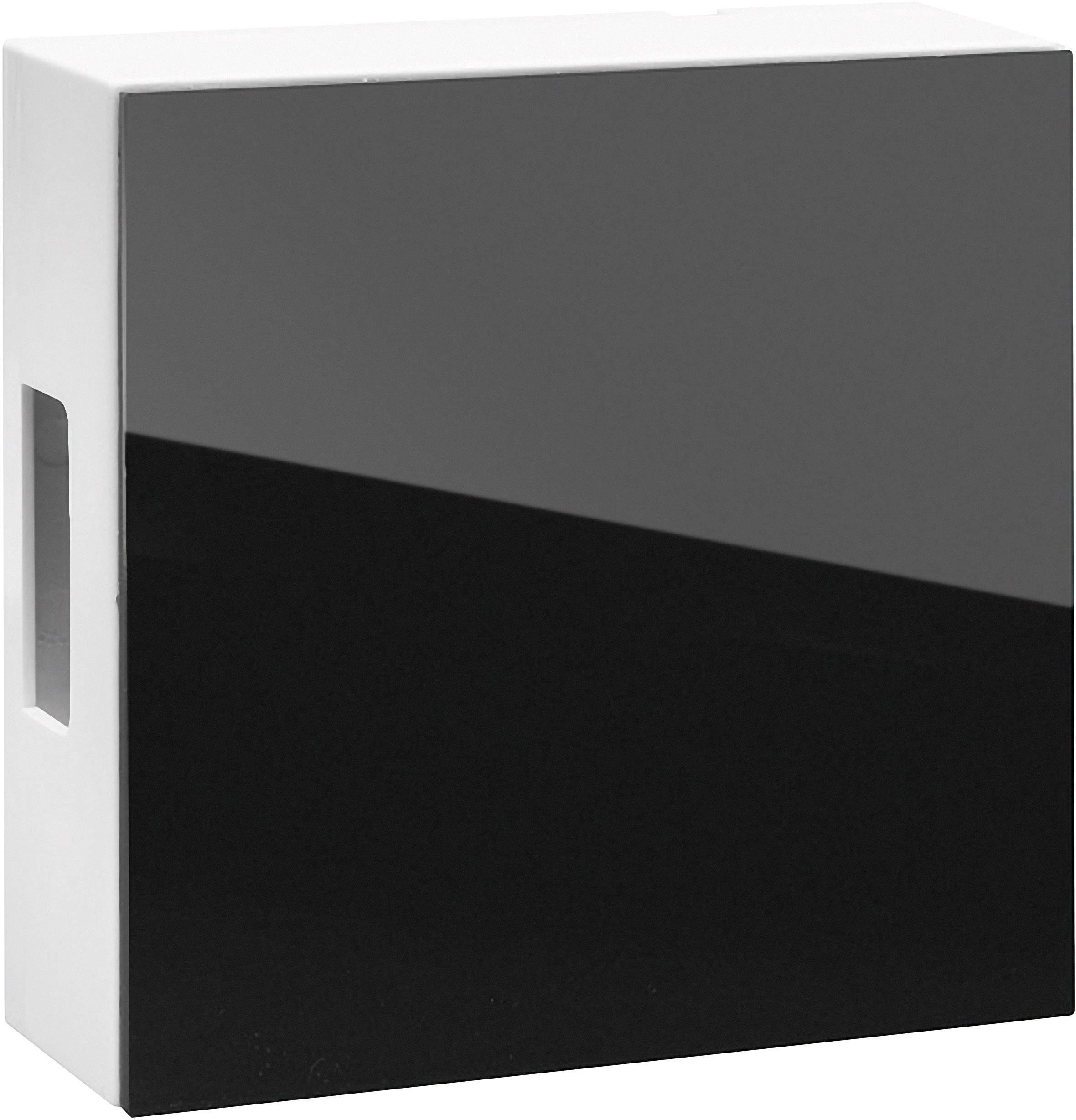 Black, glossy, square box with a white border and a side grip slot.