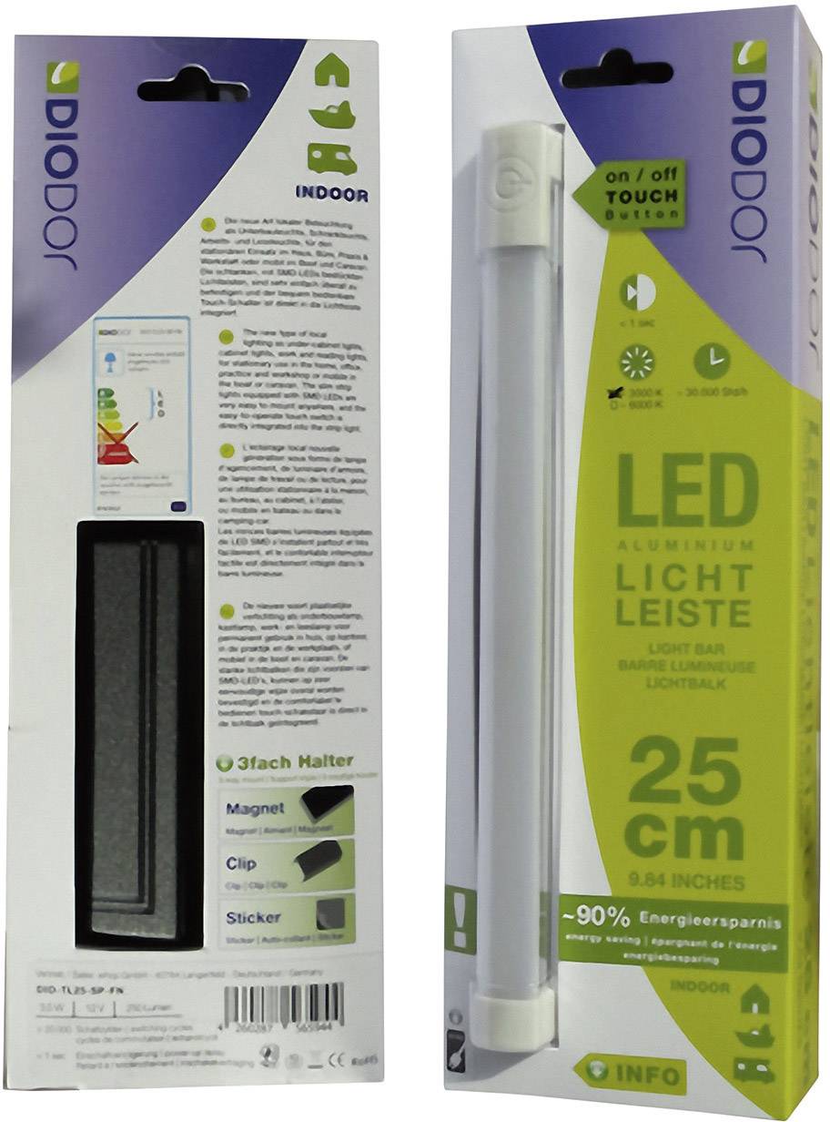 'LED Light Strip' Packaging: Image shows an LED strip, 25 cm long, with touch function and 90% energy saving. Includes magnet, clip, sticker for mounting.