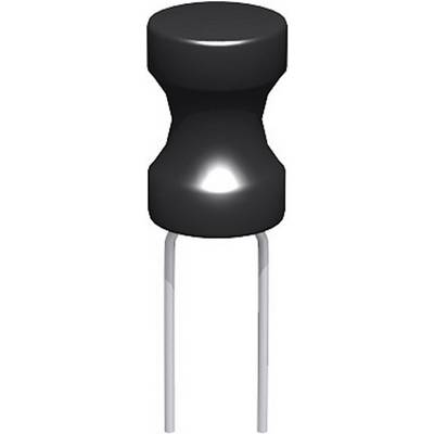 Black cylindrical electrolytic capacitor with two metal legs, standing vertically.