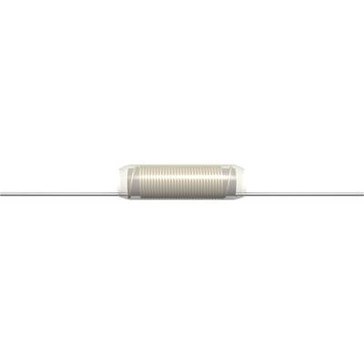 Capacitor with axial terminals in cylindrical form, silver metallic surface, suitable for electronic circuits.