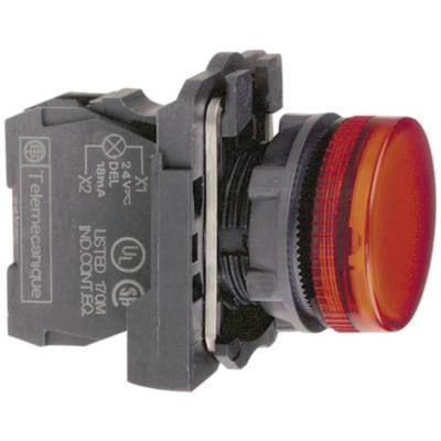 'Red push button on black housing, suitable for industrial applications. Labels show electrical specifications.'