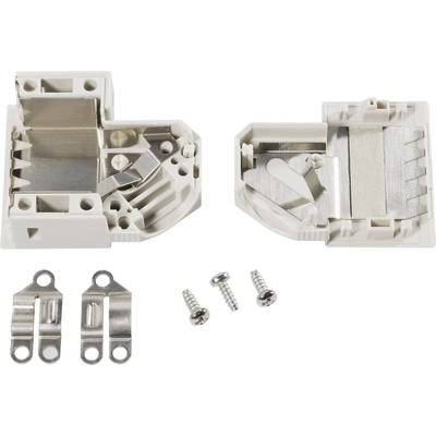 Two opened white plastic casings with metal components and two mounting plates along with three screws on a white background.