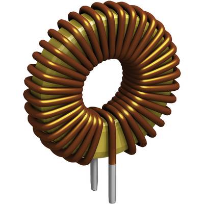 A toroidal inductor with a copper winding around a ring-shaped core, a typical component in electronic circuits for generating inductance.