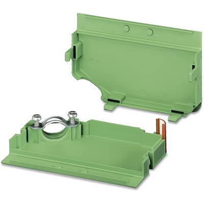 Green plastic mounting bracket with removable cover, metal clips for securing electrical components.