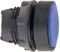 A round, black push button with a large, blue surface. It is suitable for electronic or mechanical switching systems.