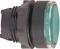 A green LED push button with a cylindrical shape, commonly used in control panels to operate electrical circuits.