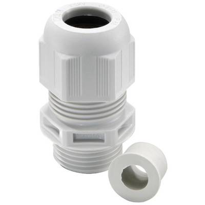 A white plastic cable gland with a separate sealing ring. Suitable for connecting cables or conduits.
