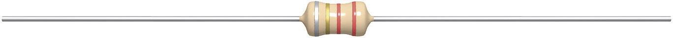 An axial resistor with colour-coded rings: beige, black, red, gold. The resistance value is defined by these colours.