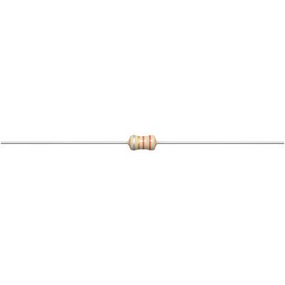 An axial resistor with colour-coded rings: beige, black, red, gold. The resistance value is defined by these colours.