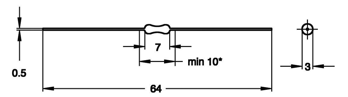 Technical drawing of a mechanical component with an overall length of 64 mm, width of 7 mm, and height of 0.5 mm.