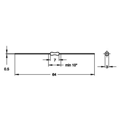 Technical drawing of a mechanical component with an overall length of 64 mm, width of 7 mm, and height of 0.5 mm.