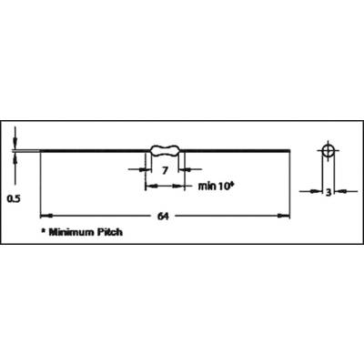 'Diagram shows a top view with dimensions: width 64, spacing 7, minimum spacing 10, height 0.5, side spacing 3.'