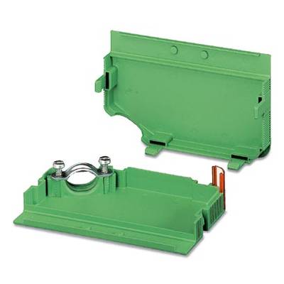 Green plastic terminal cover, comprising two parts. One cover shows screws and connections for electrical contact.