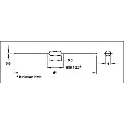 Diagram of an electronic component with dimensions: Length 64 mm, Spacing 9.5 mm, Diameter 0.6 mm, Height 4 mm, Minimum Pitch 12.5°.
