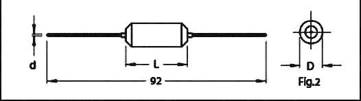 Technical drawing of an electronic component with dimensions: length extension 92, diameter D shown on the right.