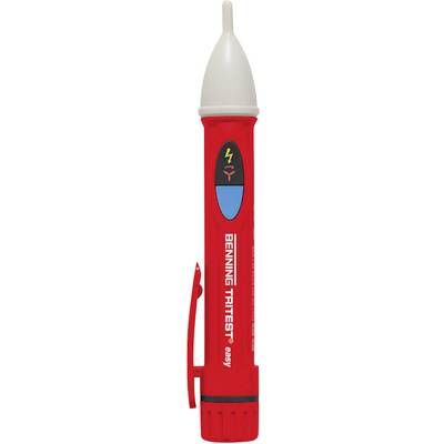 Red voltage tester with protective cap and test probe. Indicates electrical current flow. Marked 'BENNING TI 125'.