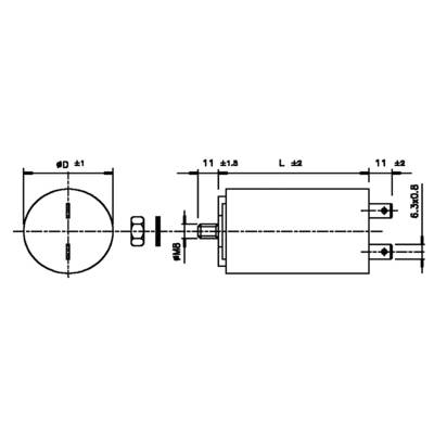 Technical drawing of a cylindrical engine with dimensions. Front and side views show diameter, length, and mounting points.
