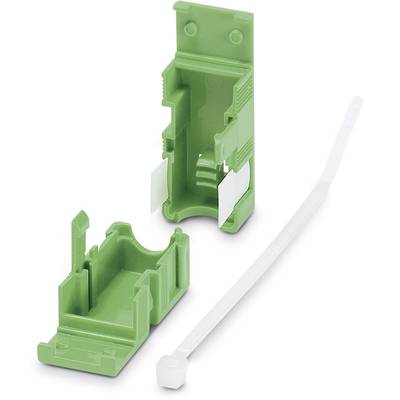 Green plastic housing, consisting of two parts, next to a white cable tie.