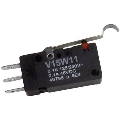 Small microswitch with lever arm, model number 'V15W11'. Marked with electrical specifications: 0.1A 125/250V, 0.1A 48VDC.