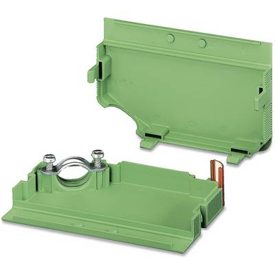Green modular enclosure open; electronic accessory for housing components, suitable for DIN rail mounting.