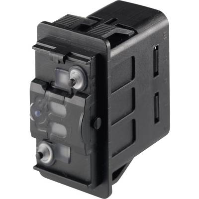 Black plastic rocker switch in folded position, lying sideways, with two round buttons at the front.