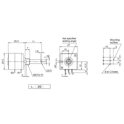 Technical drawing of an engine with dimensions. Front and side views show measurements, mounting surface, and fixing holes.