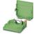 Green plastic housing in two parts: base with metal clip and removable lid; suitable for electrical connections.