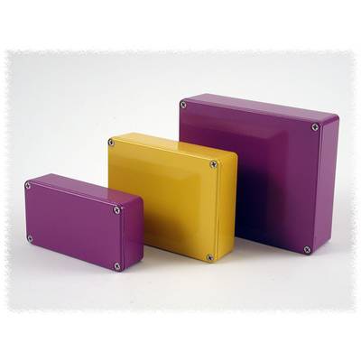 Three rectangular, coloured metal boxes in purple and yellow of varying sizes are placed side by side on a white surface.