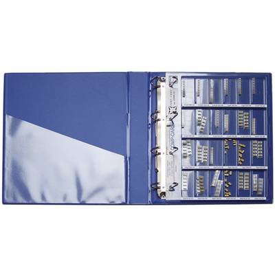 Blue folder with plastic sleeves, containing and labelled with various small electronic components, such as resistors.
