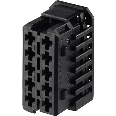 Black multi-pin plastic connector, typically used in electrical or electronic applications.