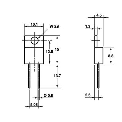 Technical drawing of an electronic component with dimensions in millimetres; shows front and side view with hole and pin spacing.