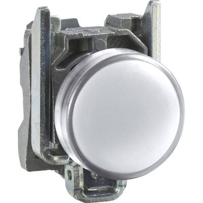 Silver, round push button on a metal casing, in profile view.