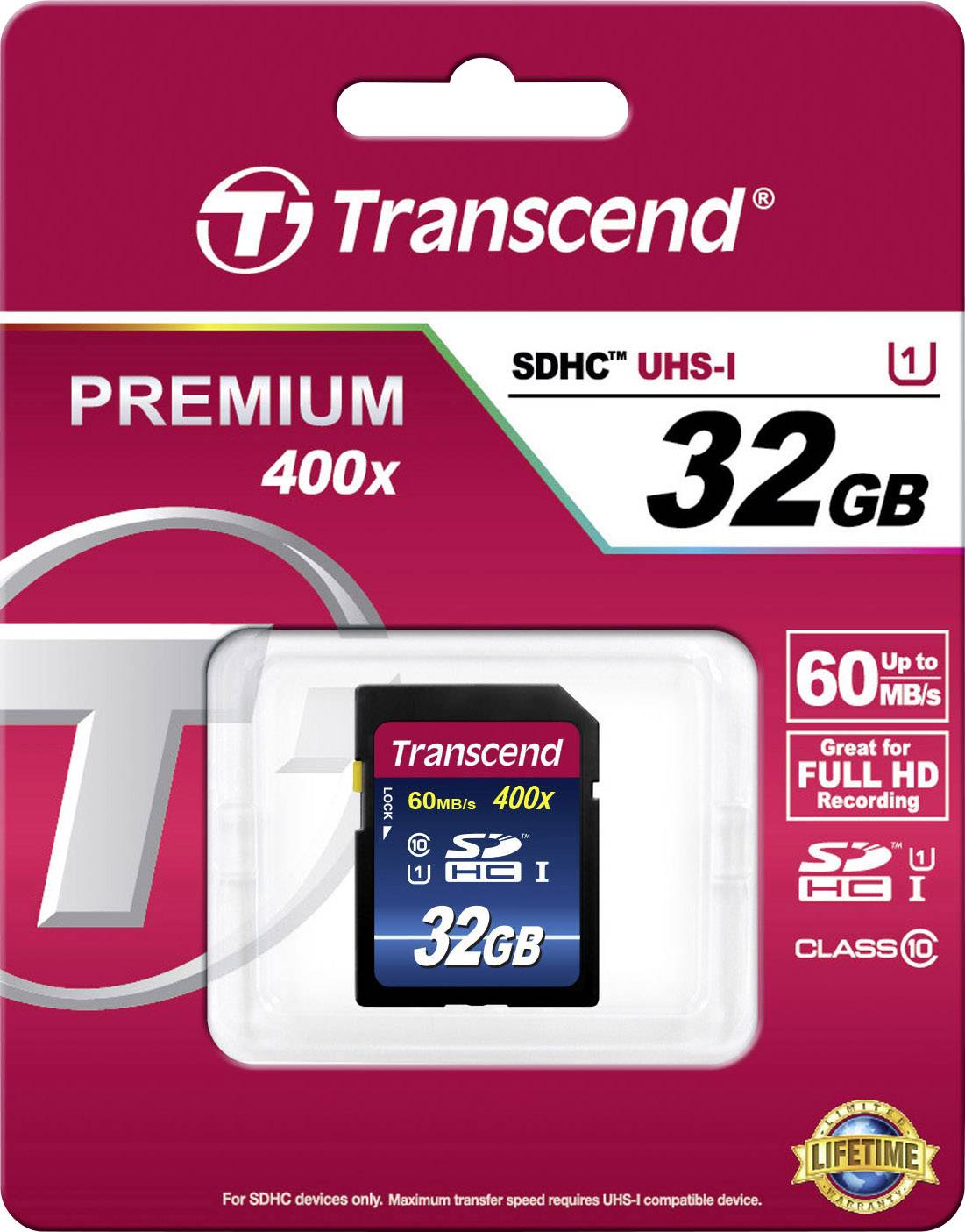 Transcend SDHC UHS-I Memory Card, 32 GB, 60 MB/s, suitable for Full HD recordings, Class 10, lifetime guarantee.