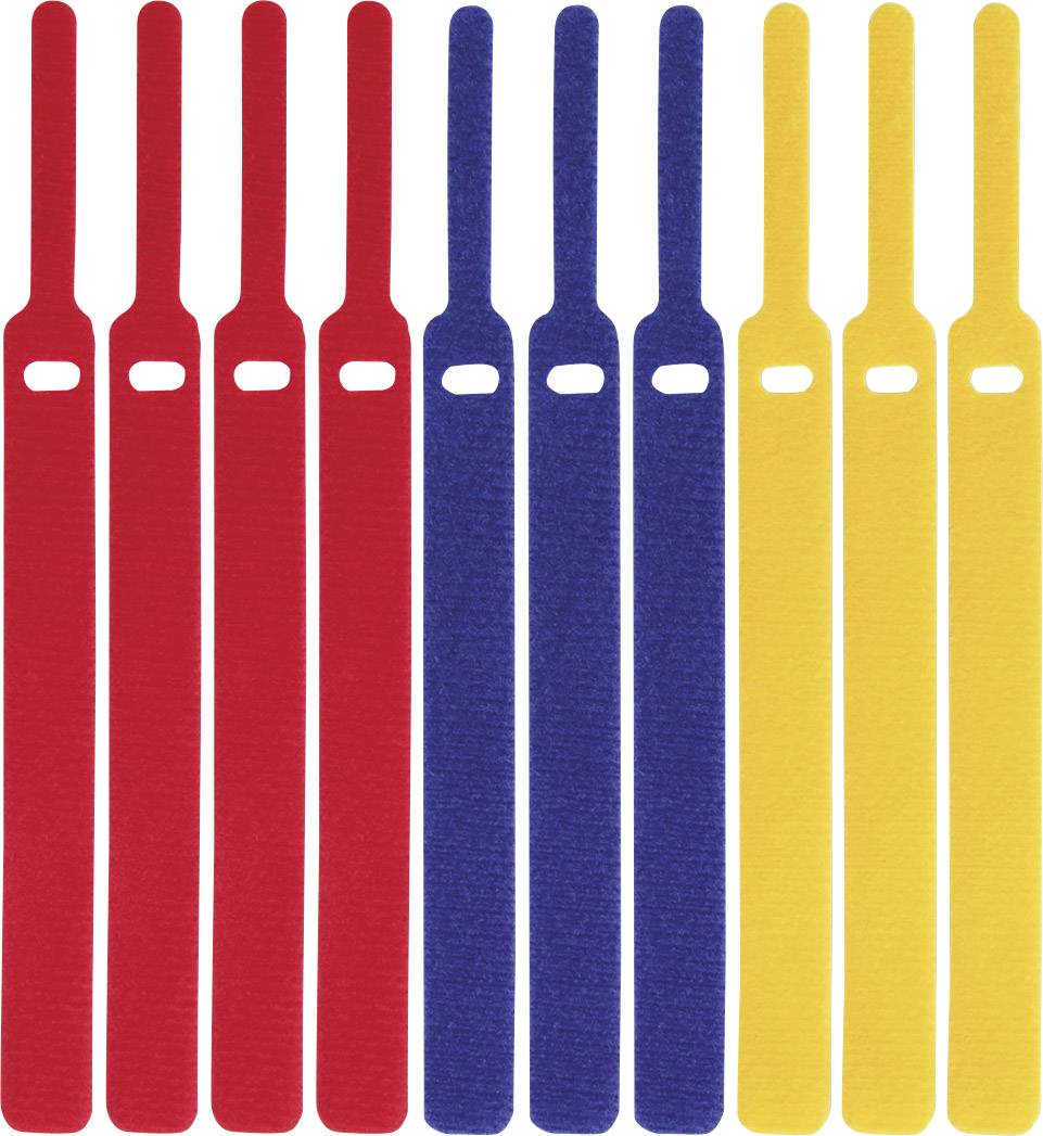 Ten hook-and-loop cable ties in red, blue and yellow are arranged side by side. They are evenly distributed and identically shaped.