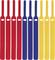 Ten hook-and-loop cable ties in red, blue and yellow are arranged side by side. They are evenly distributed and identically shaped.