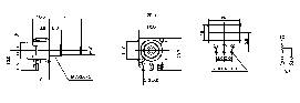 Technical drawing of machine components with dimensions and labels. Includes front, side, and top views.