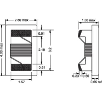 Technical drawing of a metal component with dimensional specifications in millimetres, illustrated by top view and cross-section.