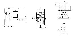 Technical drawing of an electrical component with three views: side view, top view, and cross-section. Dimensions are indicated.