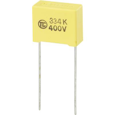 Yellow, rectangular electronic component with two metal terminals. Text on component: '334K 400V'.