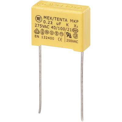 A yellow tentacle capacitor with the marking '0.22 µF, 275VAC', two long metallic terminals, and various certification symbols.