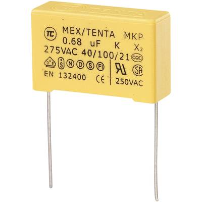 Yellow capacitor with inscription '0.68 µF, 275VAC, 250VAC', shows electrical specifications and safety certifications.