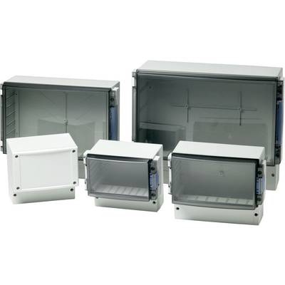 Five electrical enclosures, varying in size, with transparent or opaque lids, on a white background.