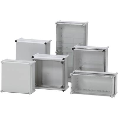 Six grey, rectangular electrical enclosures of varying sizes, open and closed, demonstrate their versatility in application.