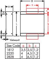 Construction diagram of a component with dimensional specifications 'a', 'b', 'c' and 'L'. Table displays measurements for three sizes: 1812, 2220, 2828.