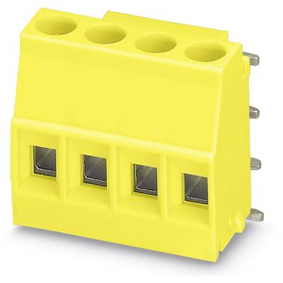 Yellow, four-pole connector for printed circuit board mounting, with four socket positions and side connections for electronic interfaces.