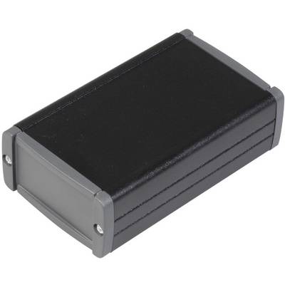 A rectangular black enclosure with grey end caps and silver screws. Suitable for protecting electronic devices.