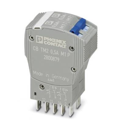 'PHOENIX CONTACT' relay module, labelled 'CB TM2 0.5A M1 P', 'Made in Germany', with multiple metal pins underneath; grey-blue housing.