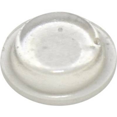 A clear, round plastic cap, potentially part of a larger object or closure system.